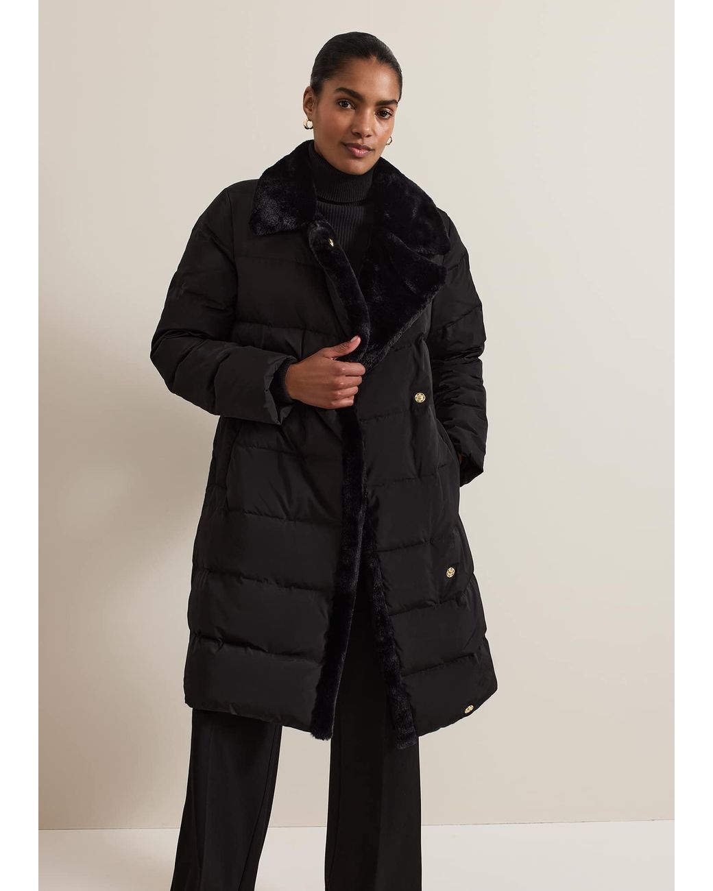 Phase Eight Black Kim Midi Fur Collar Puffer Coat