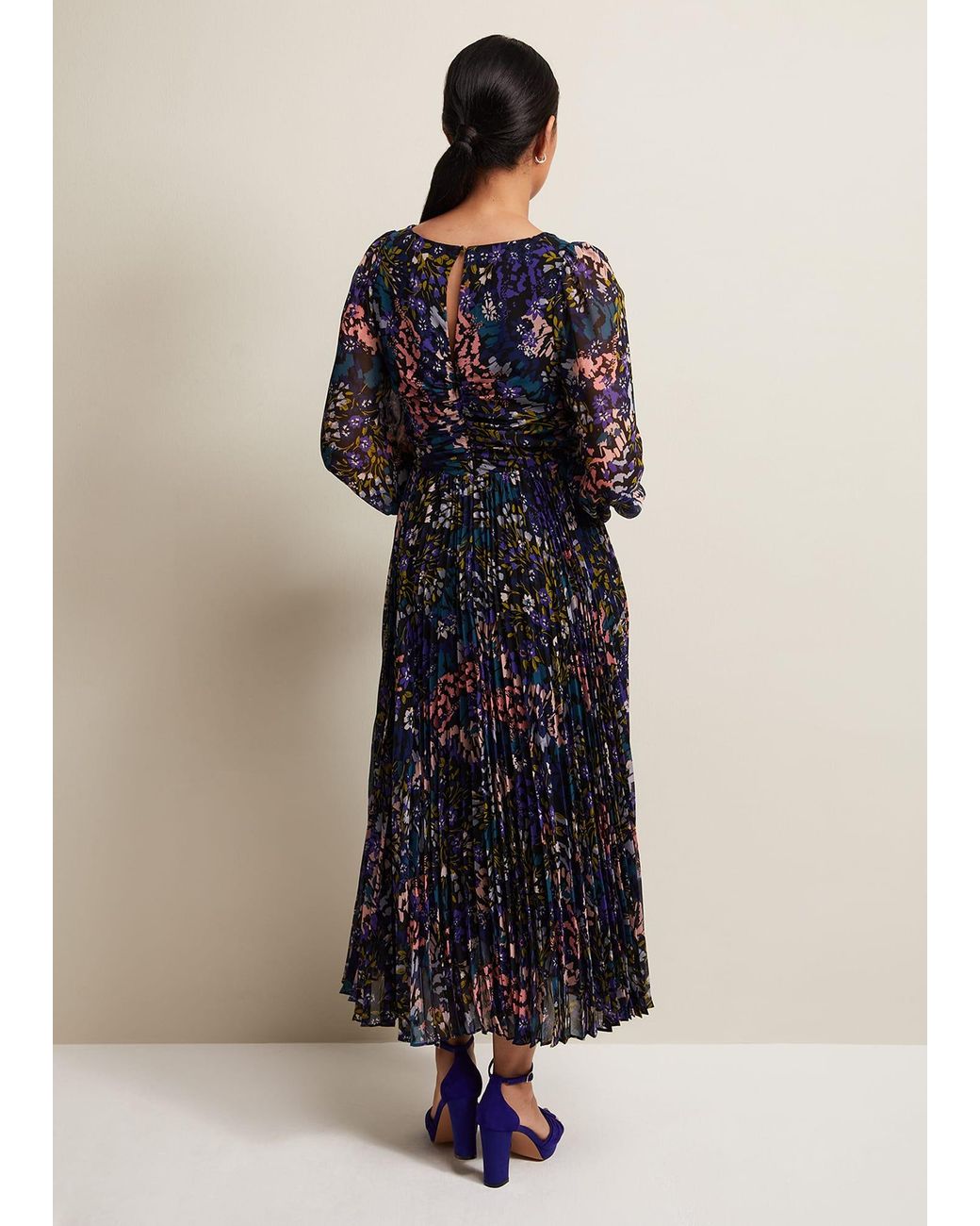 Phase Eight Blue Petite Kindra Floral Pleated Midi Dress