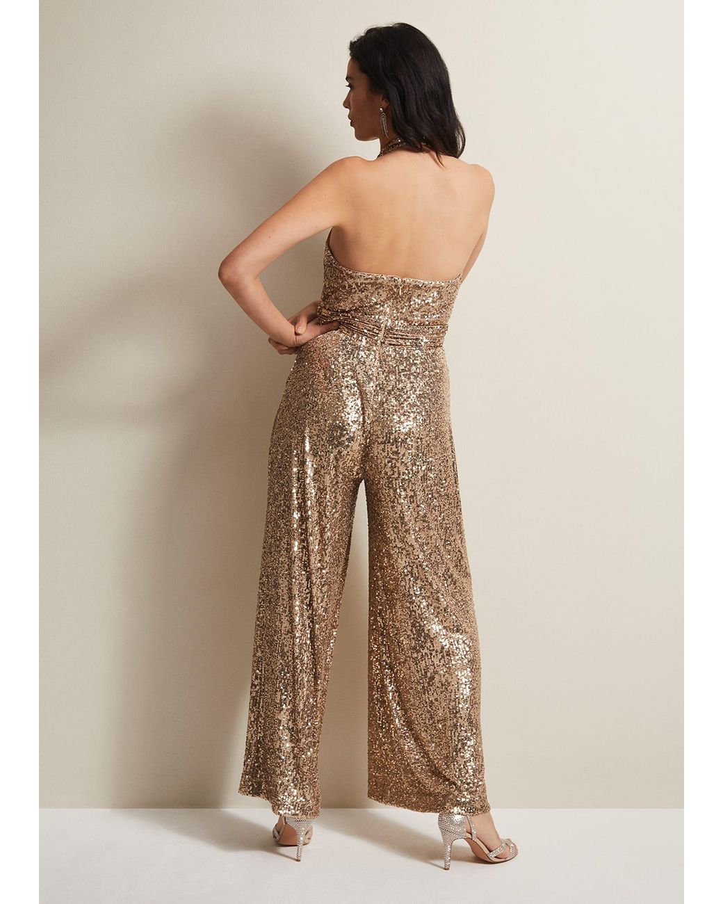 Phase Eight Natural Clarabella Sequin Halterneck Jumpsuit