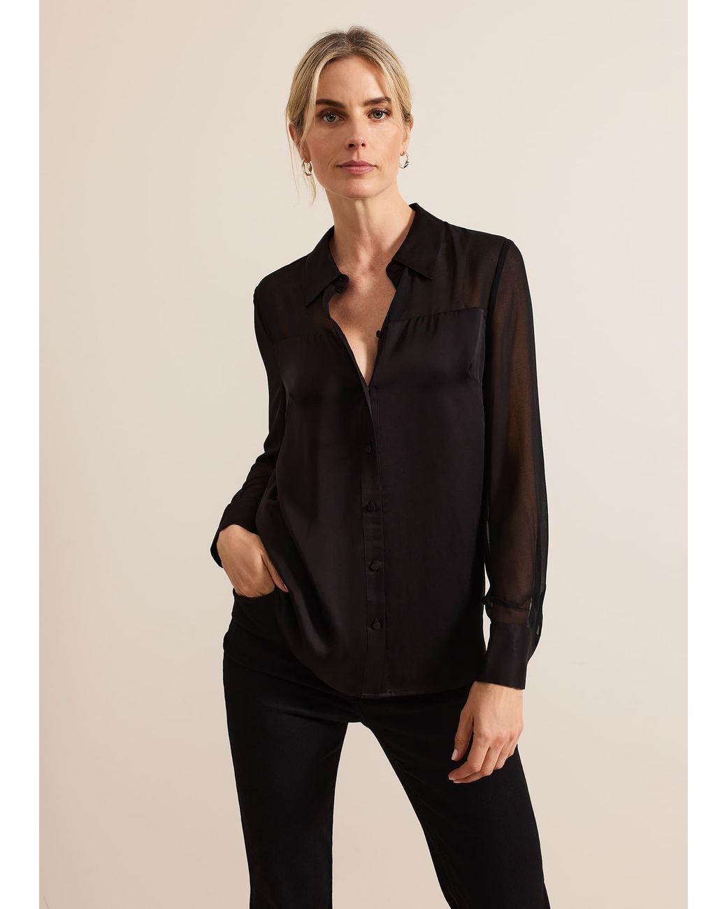 Phase Eight Black Inessa Mixed Media Satin Shirt