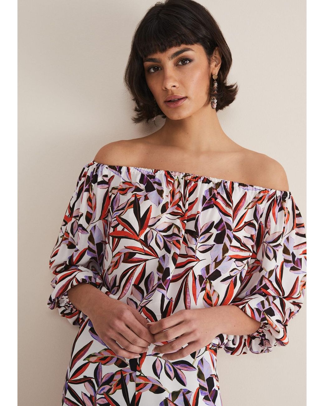 Phase Eight Multicolor Tona Leaf Print Bardot Top
