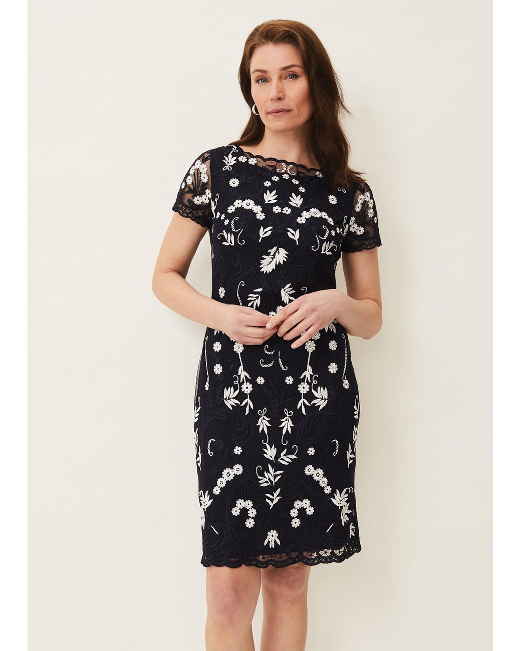 Phase Eight Blue Floris Floral Embroidered Knee Length Dress