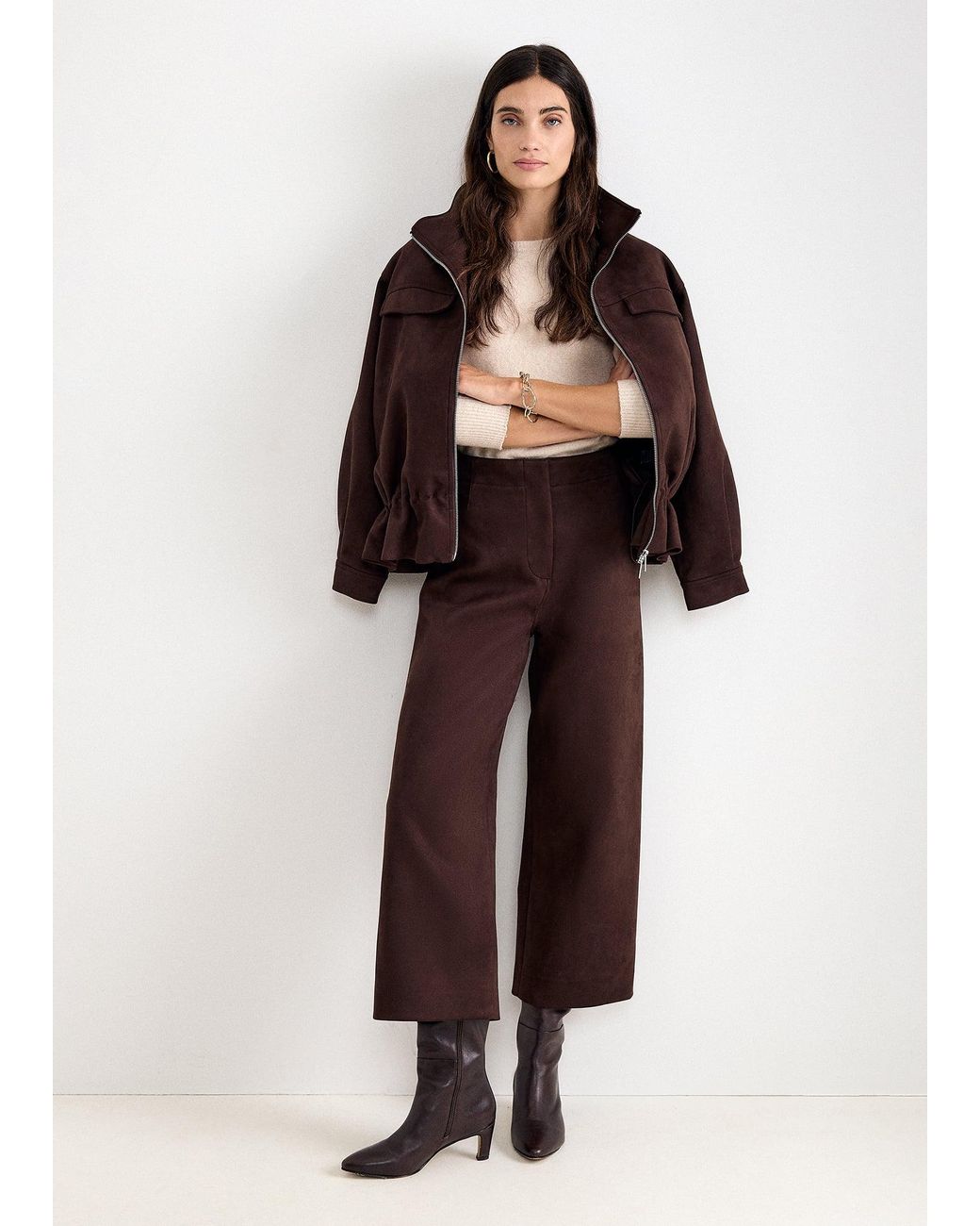 Phase Eight Brown Petite Remi Faux Suede Wide Leg Cropped Trousers