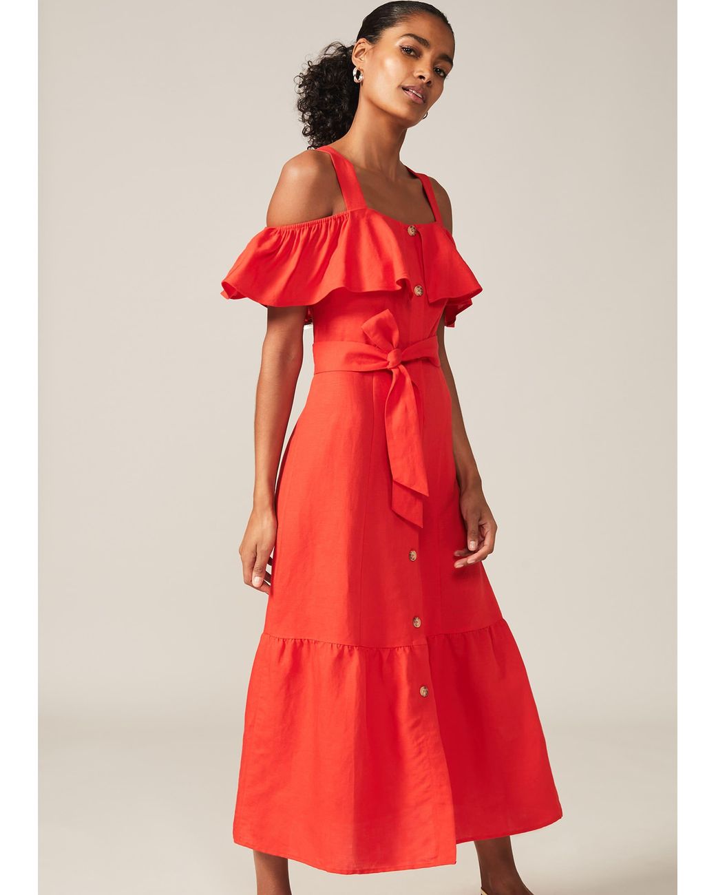 Phase Eight Red Arlos Frill Bodice Linen-blend Midi Dress
