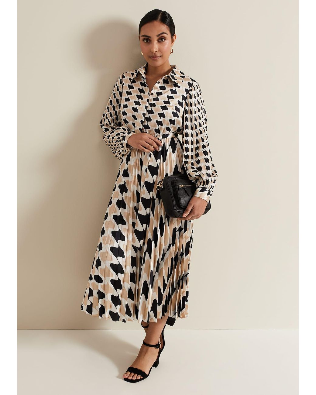 Phase Eight Natural Petite Lyric Geo Pleated Midi Dress
