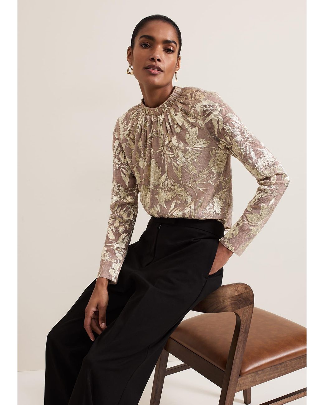 Phase Eight Natural Pippa Floral Printed Plisse Top