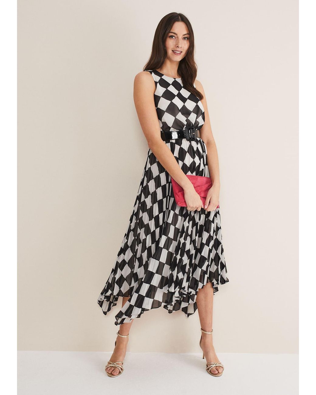 Phase Eight White Laurel Checked Pleated Midi Dress