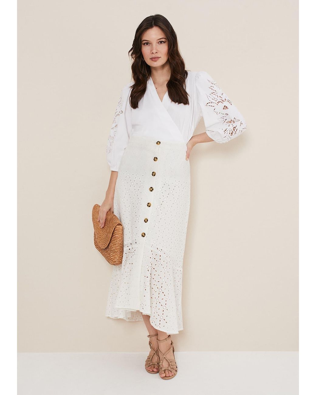 Phase Eight Natural Abla Broderie Midi Skirt