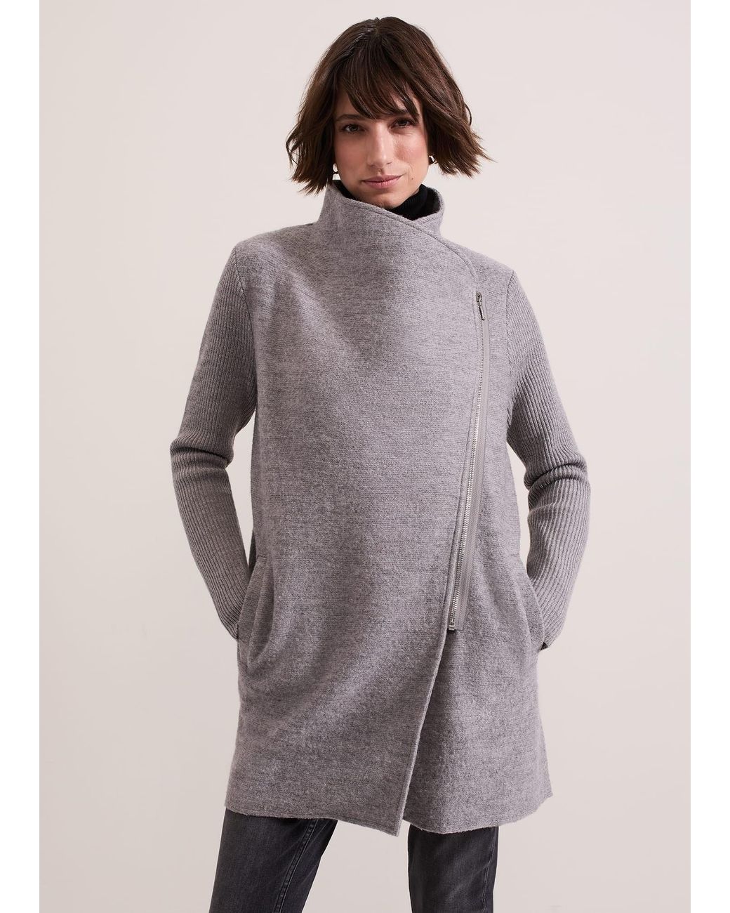 Phase Eight Gray Byanca Zip Knit Coat