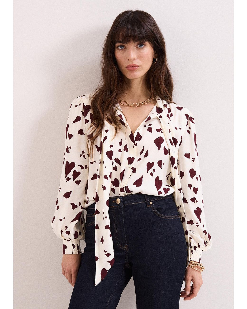 Phase Eight White Paloma Heart Print Tie Neck Blouse