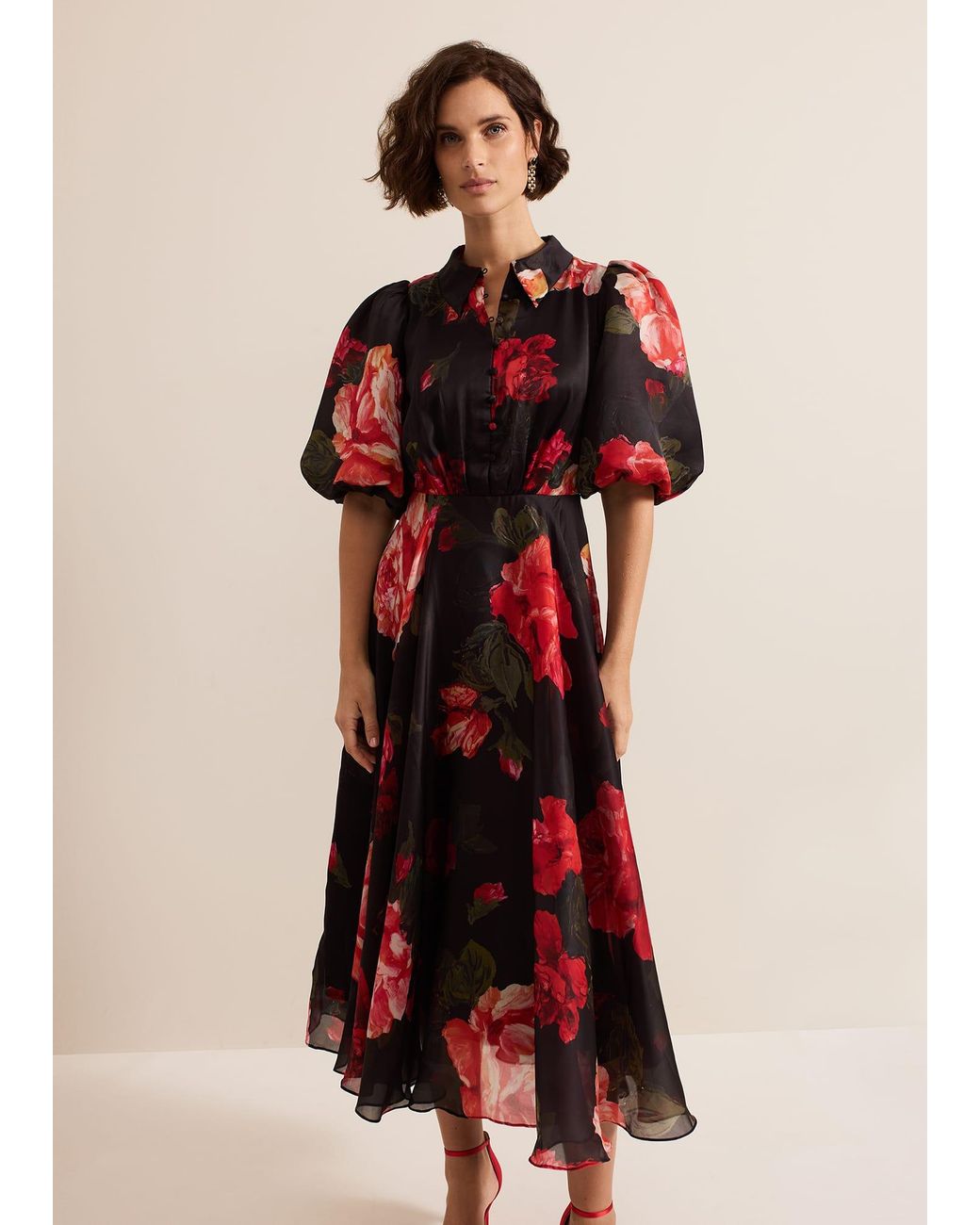 Phase Eight Red Cilla Floral Shirt Midi Dress