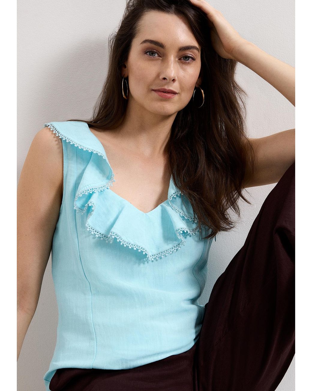 Phase Eight Blue Rhona Ruffle Linen Blouse