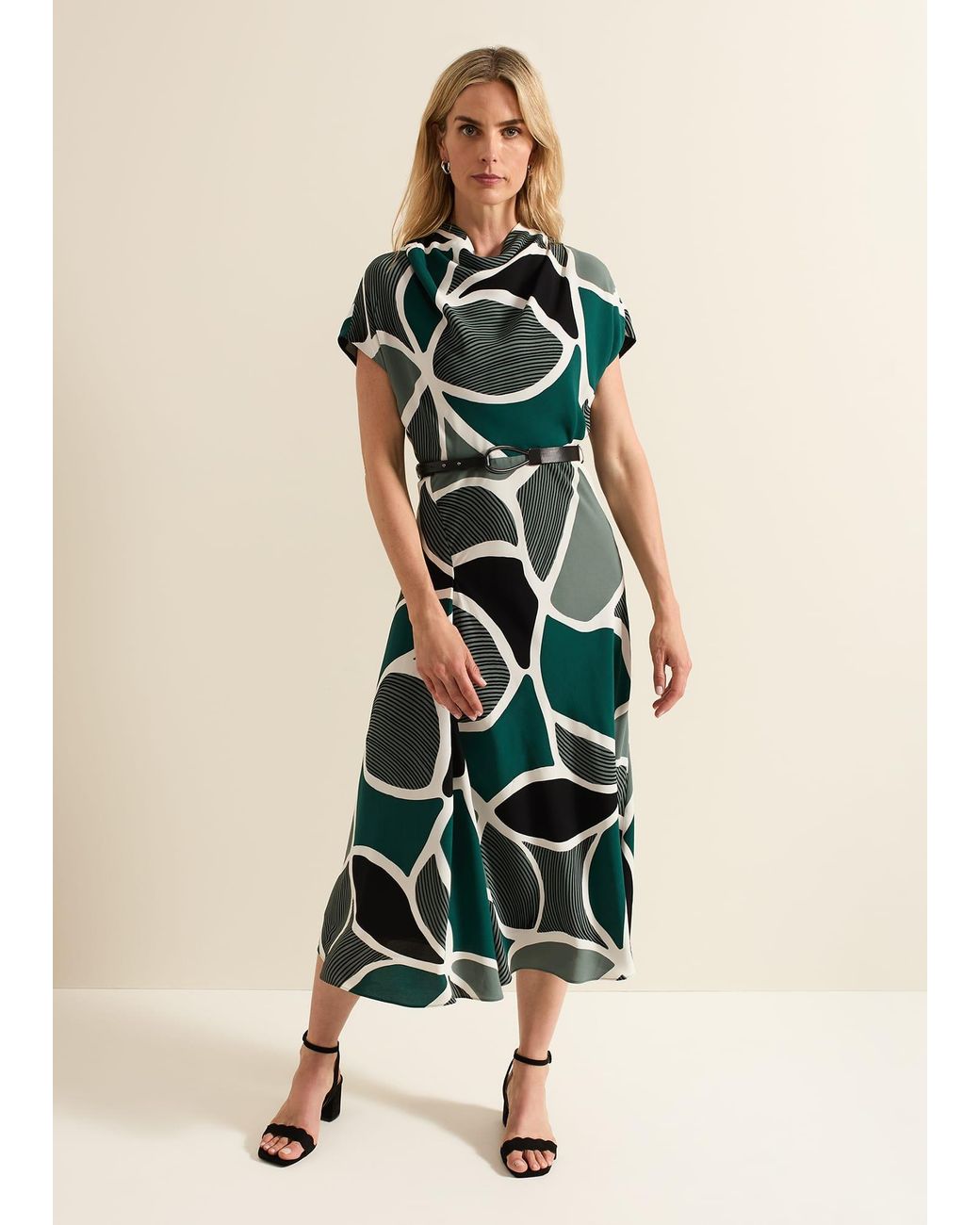 Phase Eight Blue Zaynab Swirl Cowl Neck Midi Dress