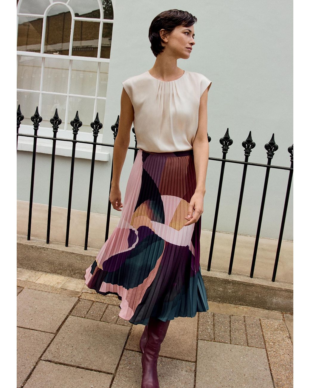 Phase Eight Purple Elmina Abstract Print Pleated Skirt