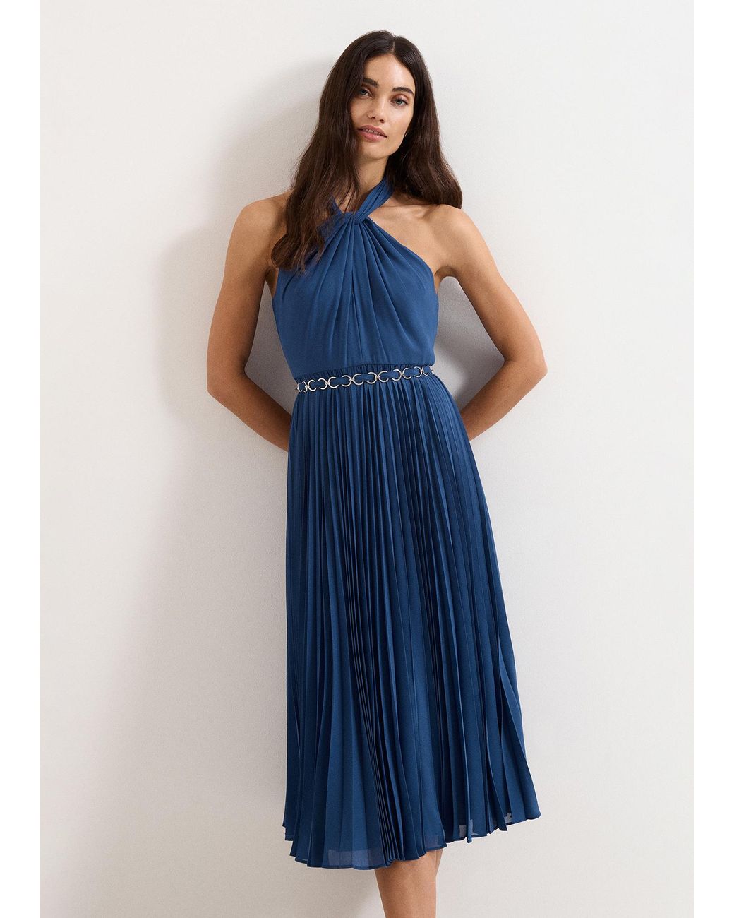 Phase Eight Blue Sathia Halterneck Pleated Midi Dress