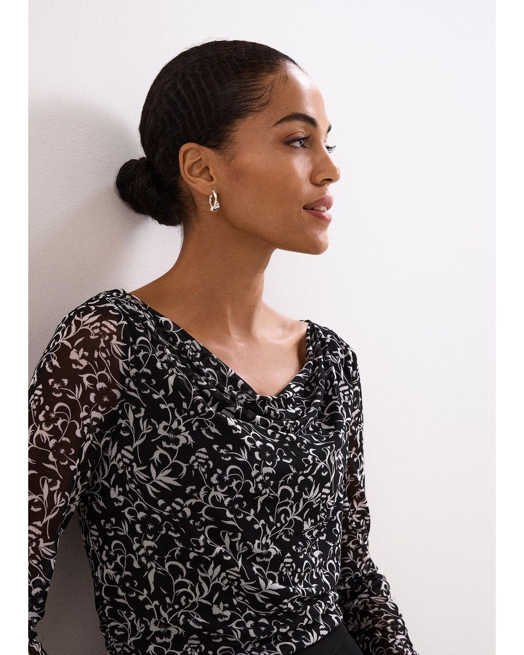 Phase Eight Black Tammy Printed Cowl Neck Mesh Top