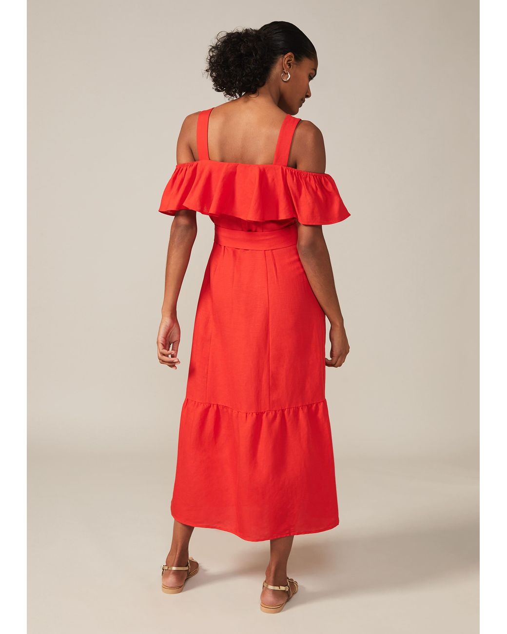 Phase Eight Red Arlos Frill Bodice Linen-blend Midi Dress