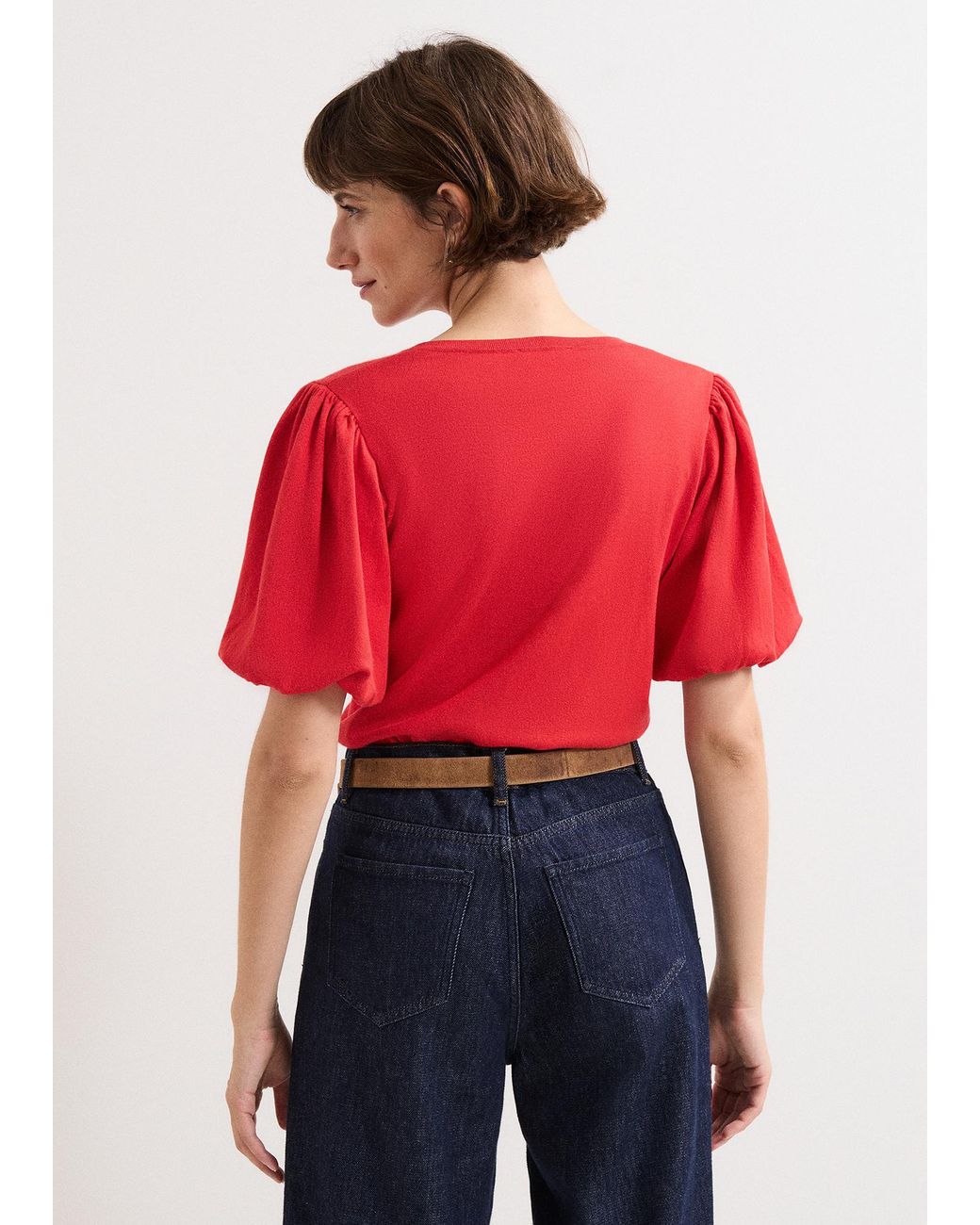 Phase Eight Red Courtney V Neck Puff Sleeve Knit Top