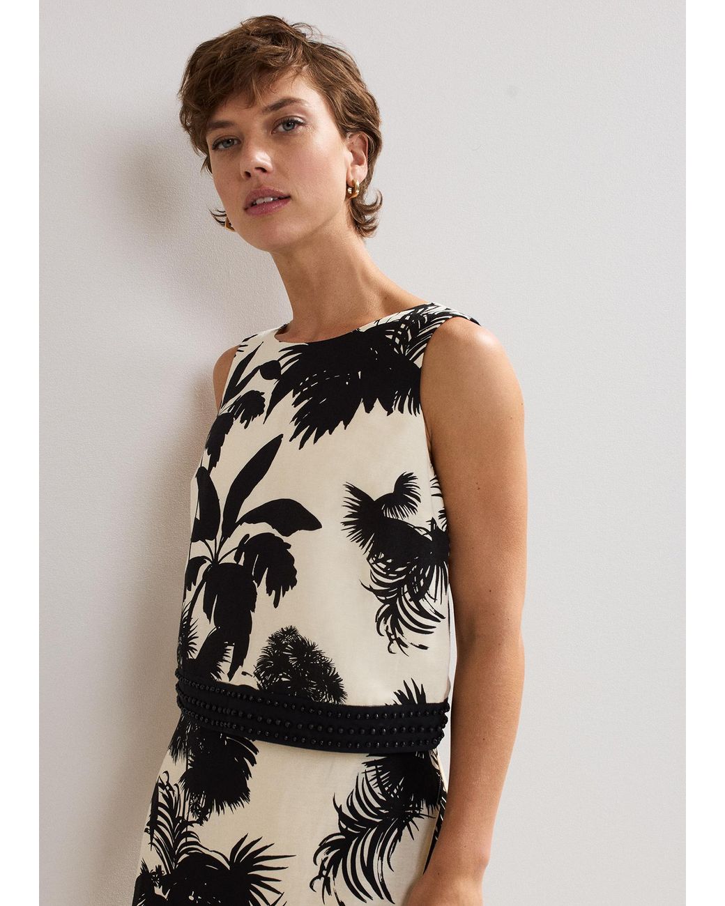 Phase Eight White Vittoria Palm Print Linen Beaded Top