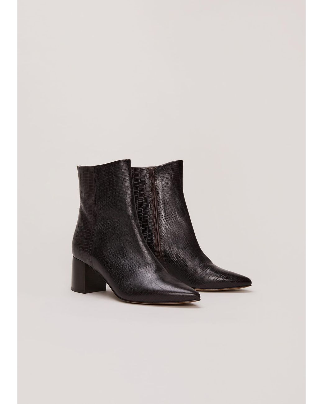 Phase Eight Black Leather Croc Print Ankle Boots