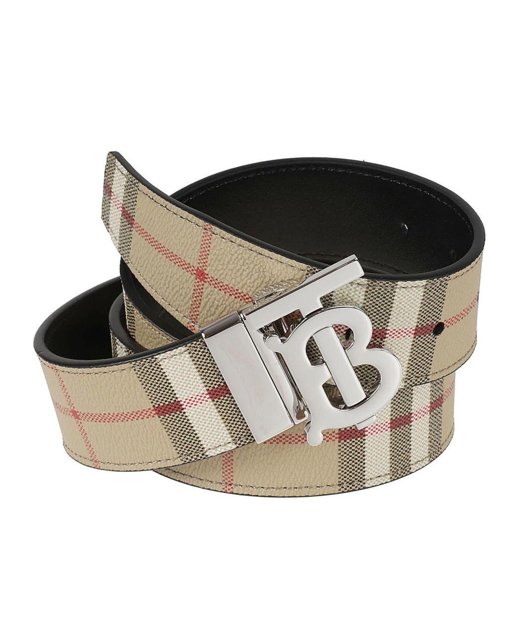 Burberry Check and Leather Reversible TB Belt , Size: M