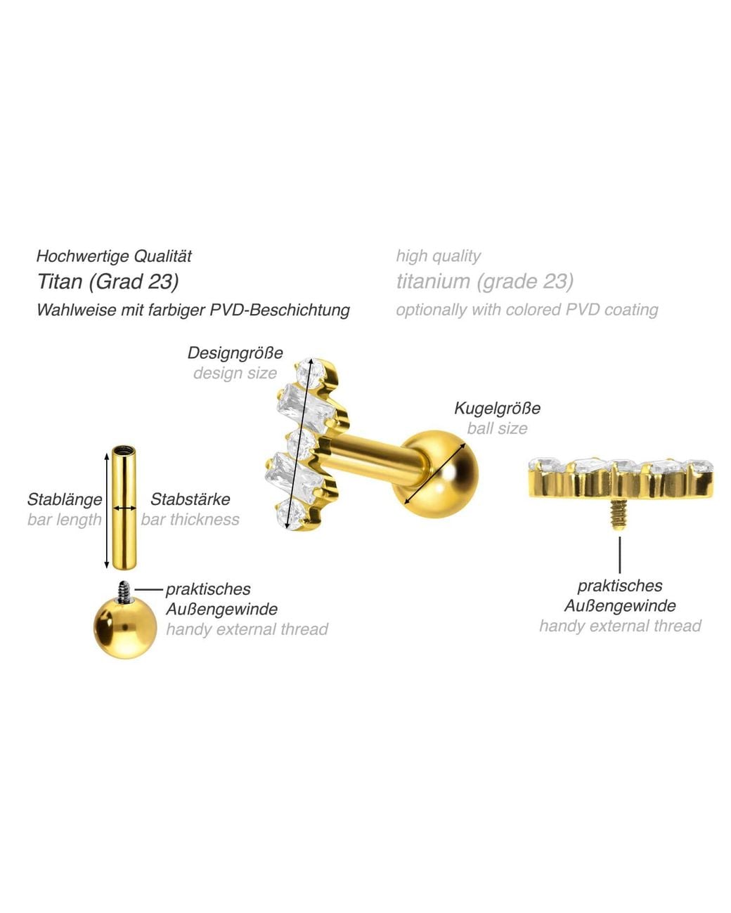 PIERCINGLINE Black Titan Ohrpiercing Mit Innengewinde Eingefasste