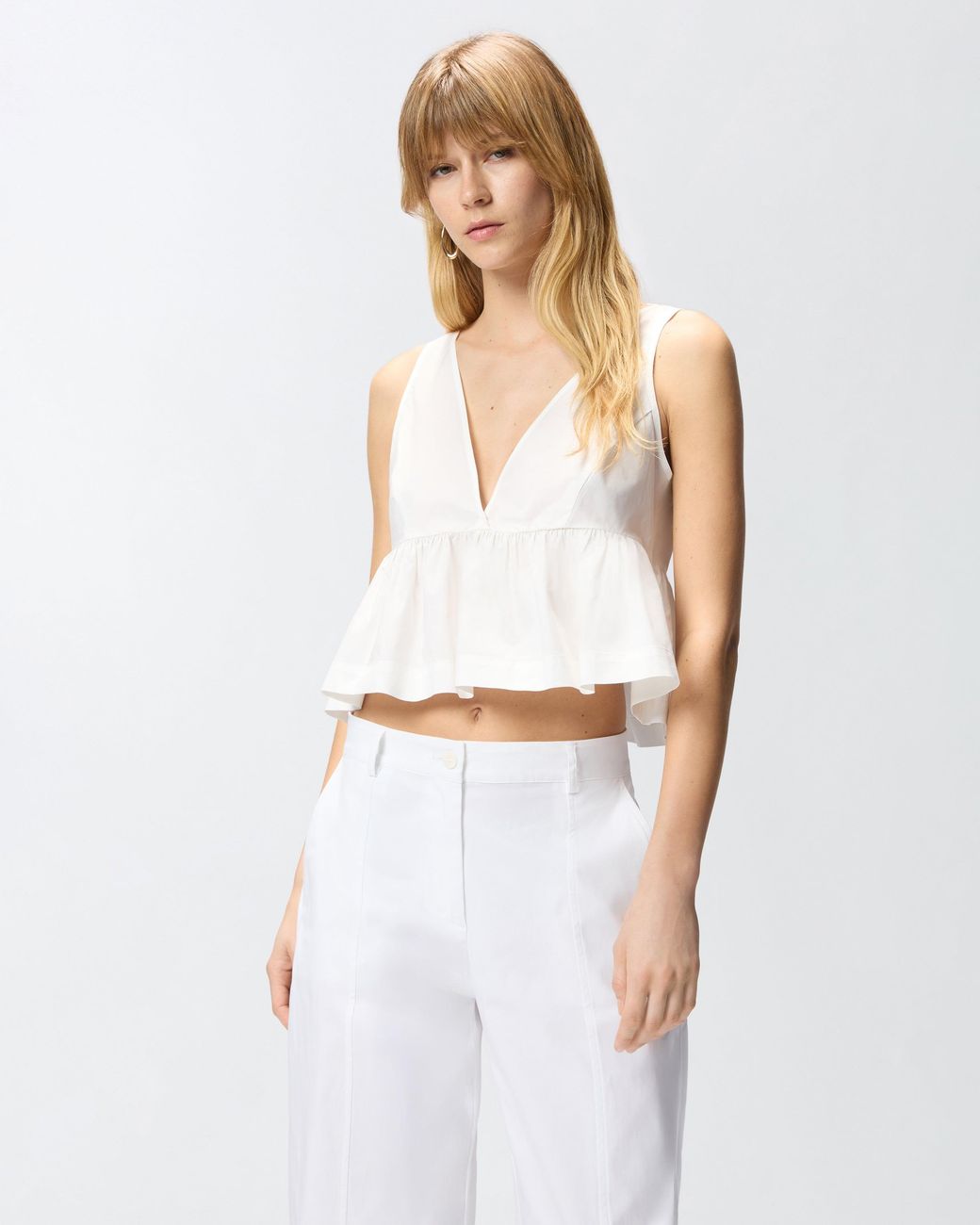 Pinko White Crop Top With Ruffle And Ties
