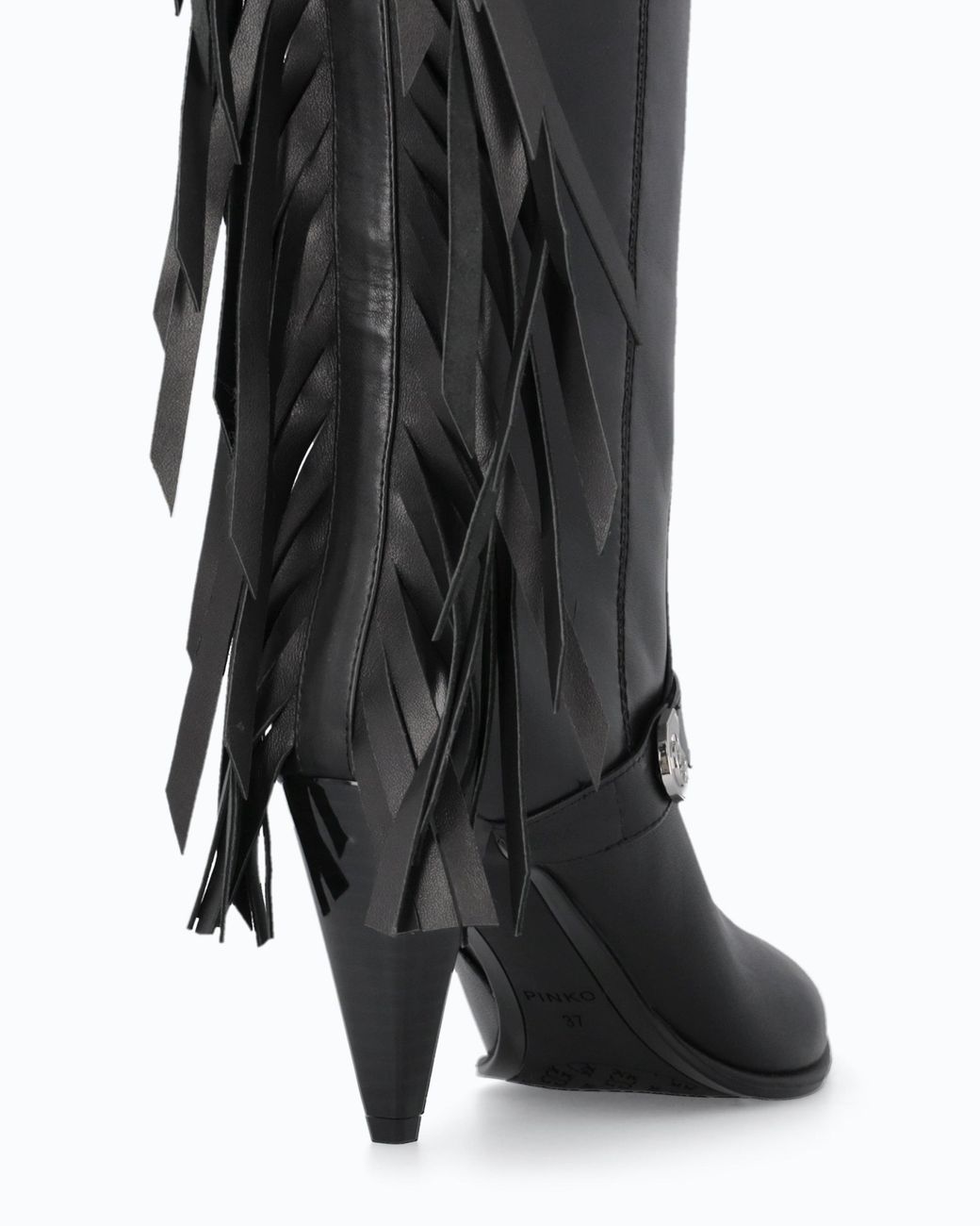 Pinko Black High Nappa Leather Boots With Heel And Fringing