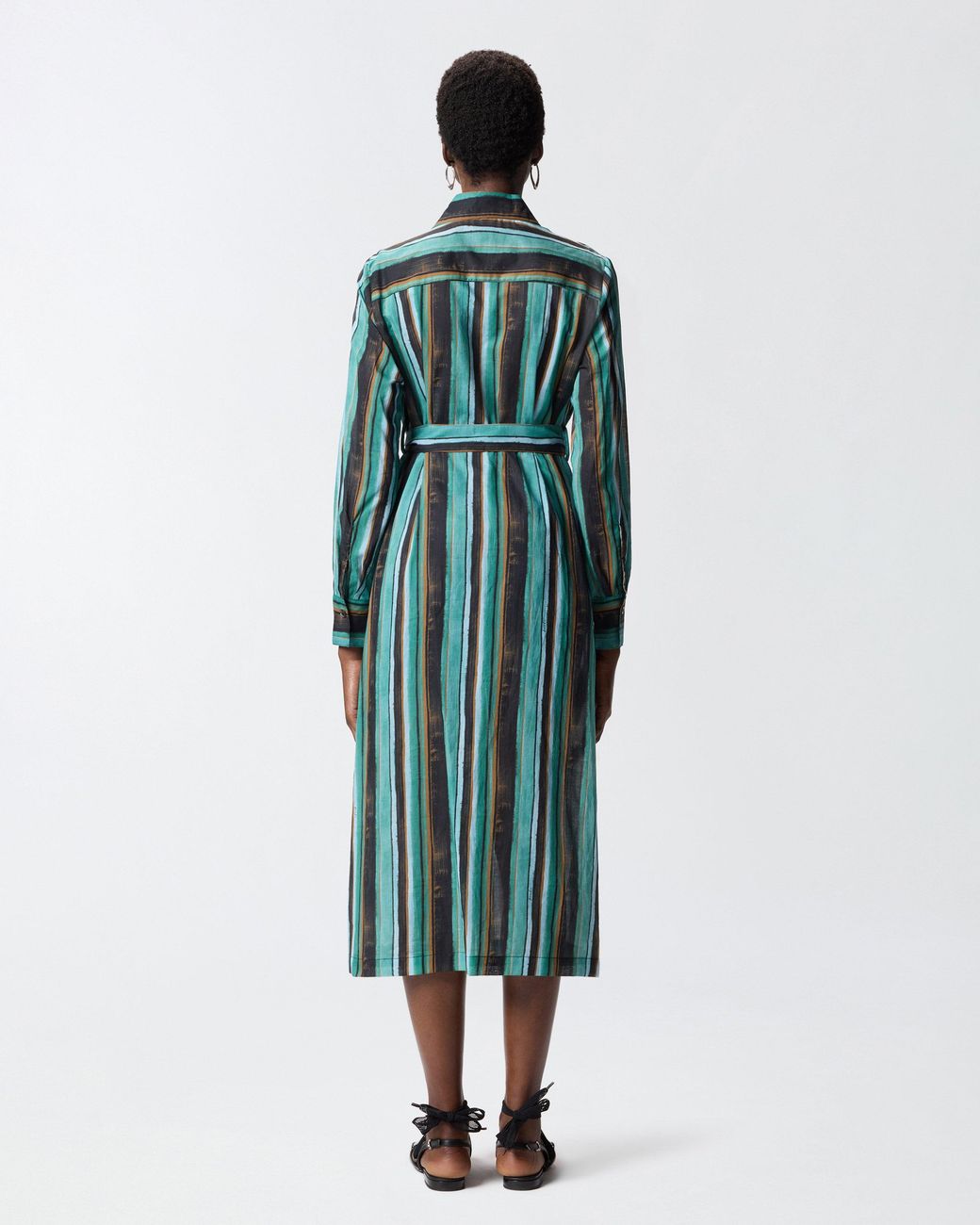 Pinko Green Cotton Midi Shirt Dress With Brushstroke-Effect Stripes