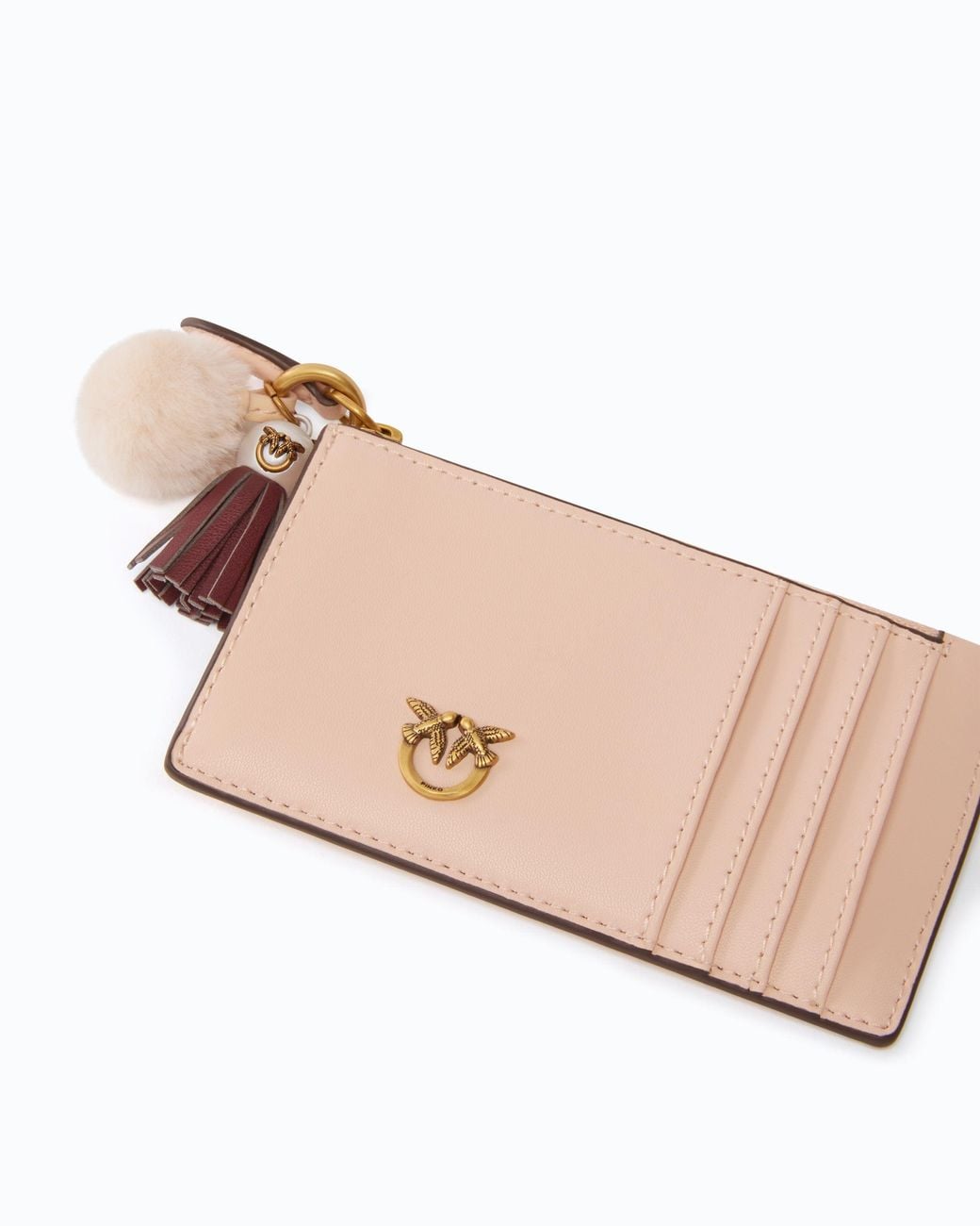 Pinko White Leather Card Holder With Tassel And Pompom
