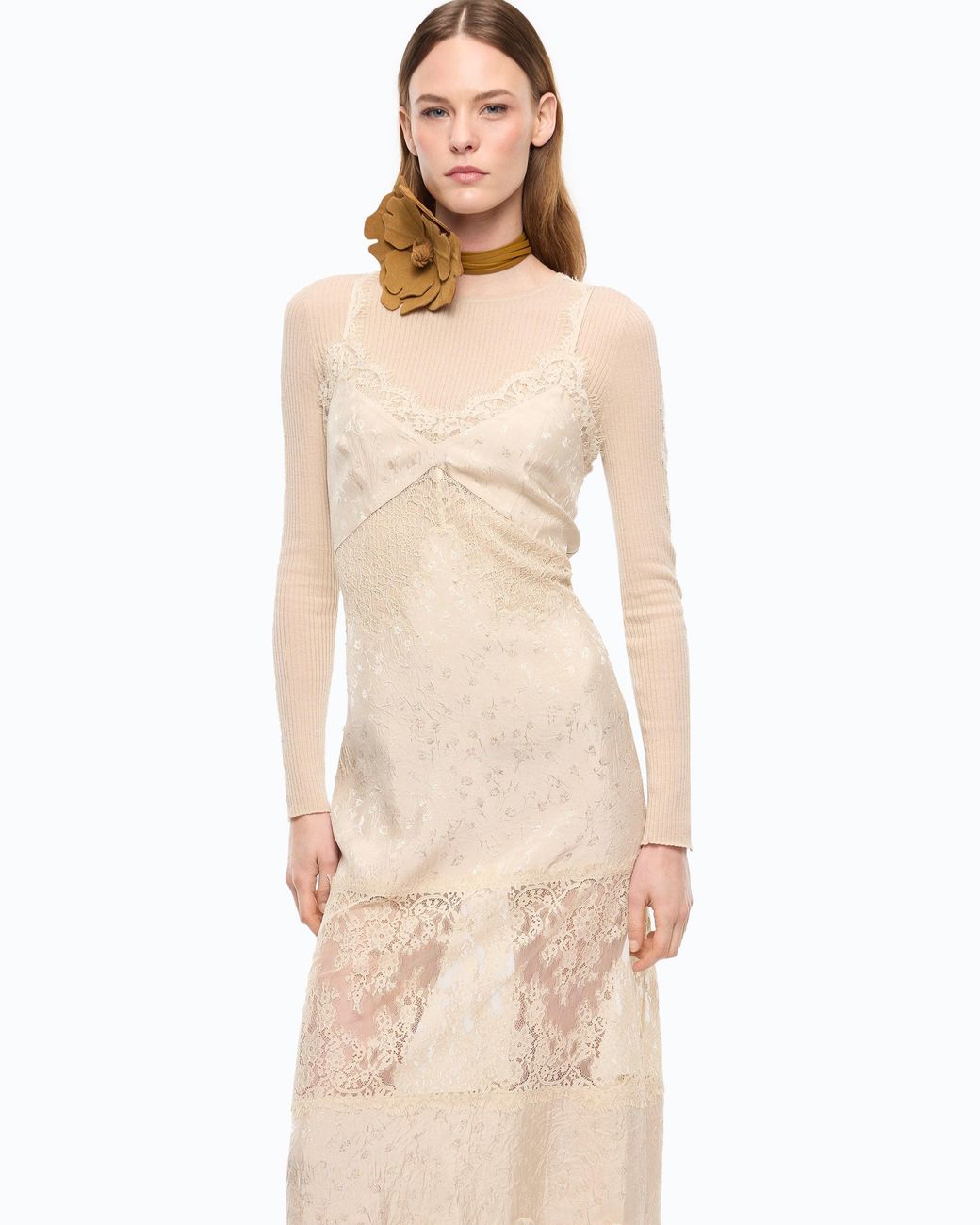 Pinko Natural Midi Slip Dress With Lace Bands