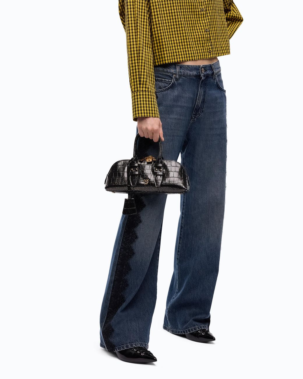 Pinko Black Medium Crocodile-Print Leather Bag With Polka Dots