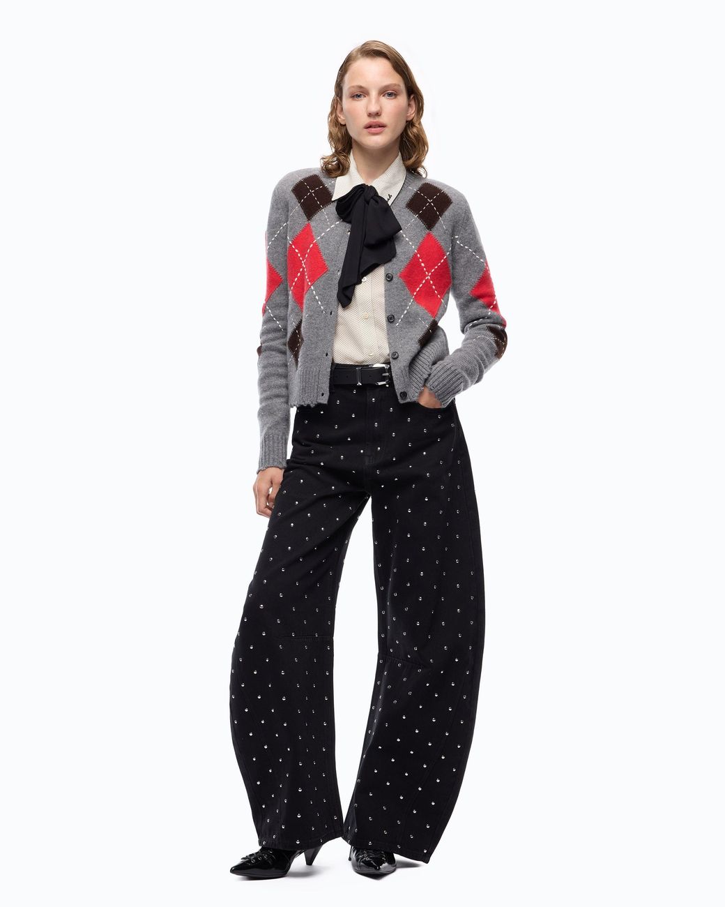Pinko Red Wool And Cashmere Crew-Neck Cardigan With Diamond Motif