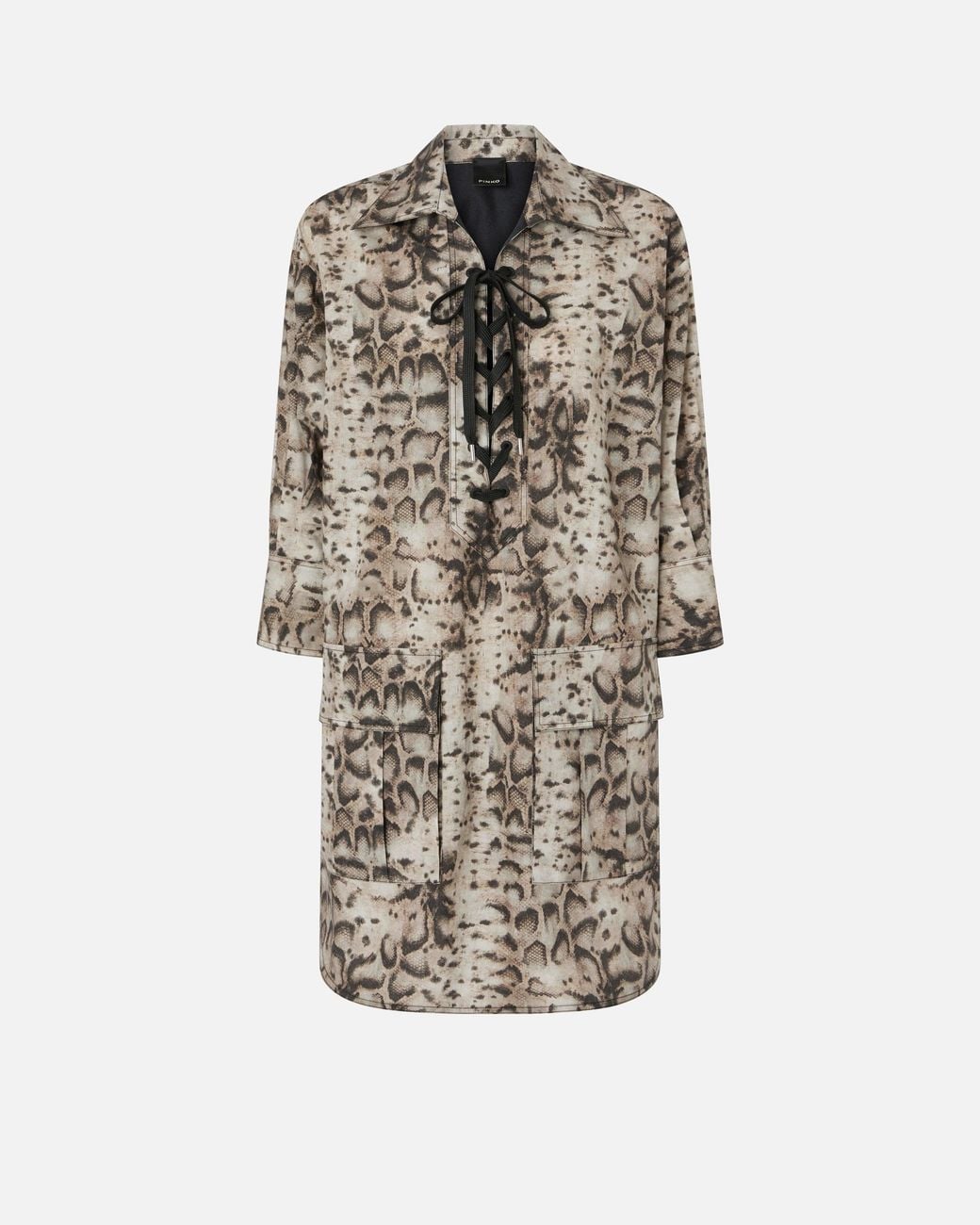 Pinko White Mini Dress With Snake Print And Neckline Ribbons