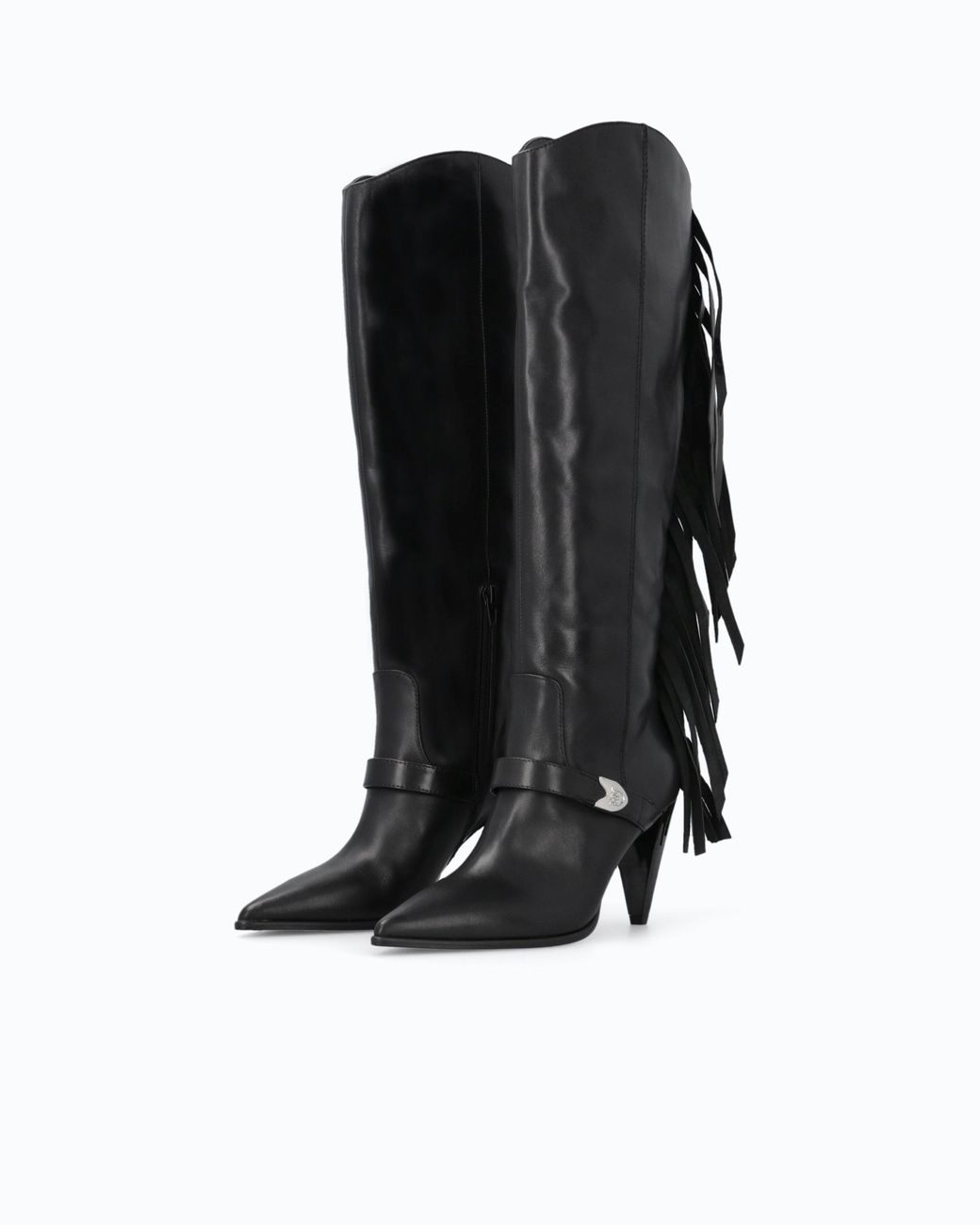 Pinko Black High Nappa Leather Boots With Heel And Fringing
