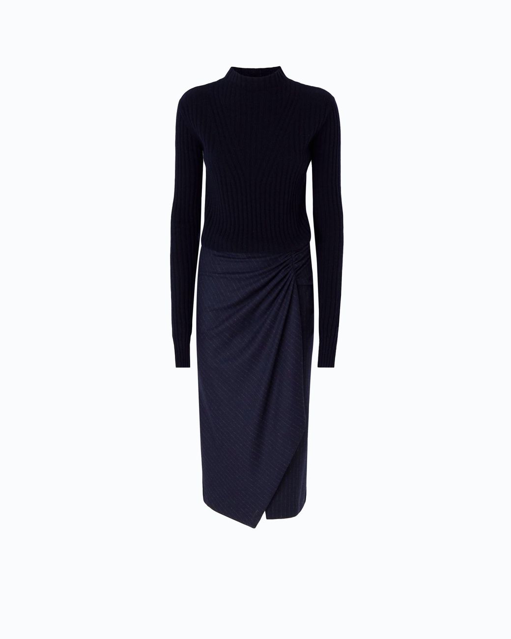 Pinko Blue Wool Midi Dress With Pinstriped Skirt