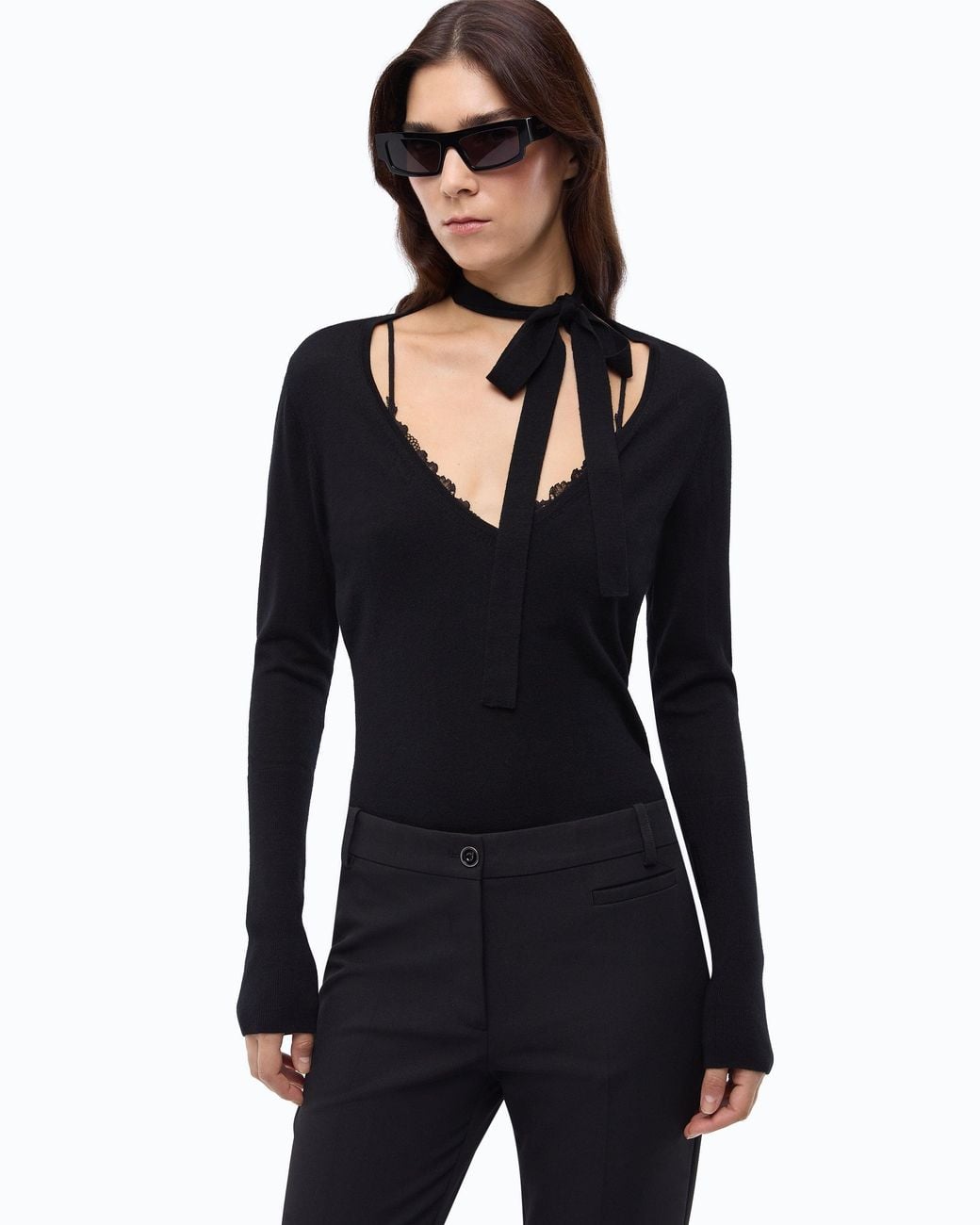 Pinko Black Wool Sweater With Lace And Sash