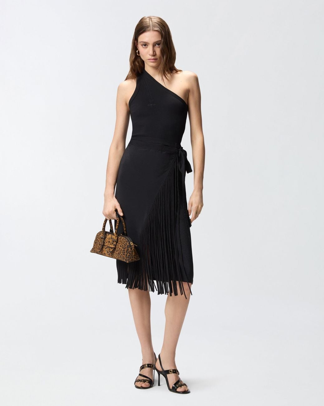 Pinko Black Calf-Length Wrap Skirt With Fringing