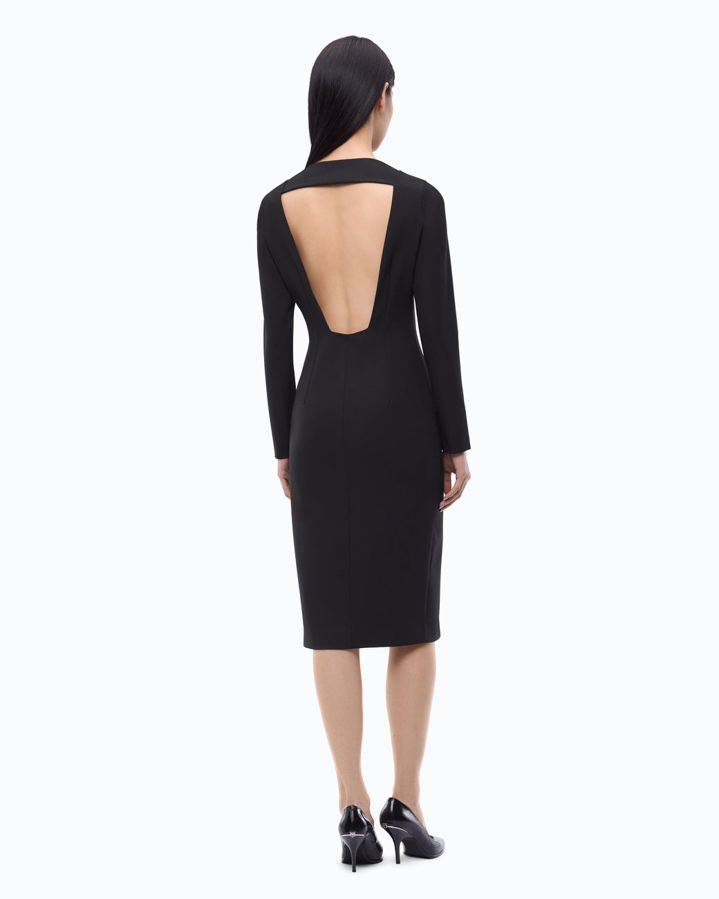 Pinko Black Midi Sheath Dress With Ruffle And Open Back