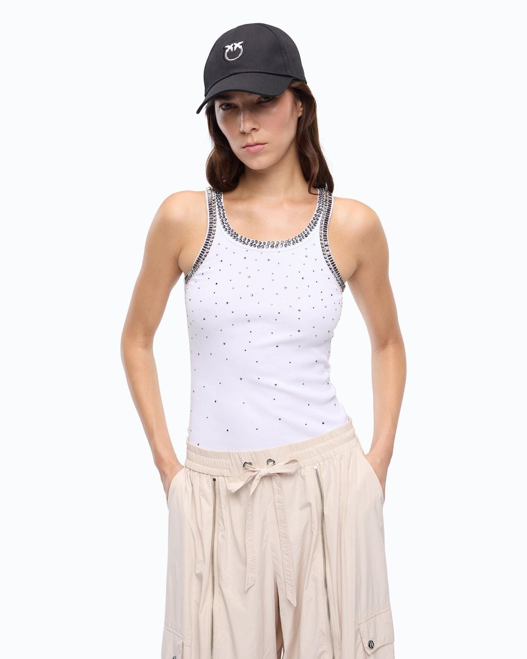 Pinko White Ribbed Top With Bejewelled Embellishment