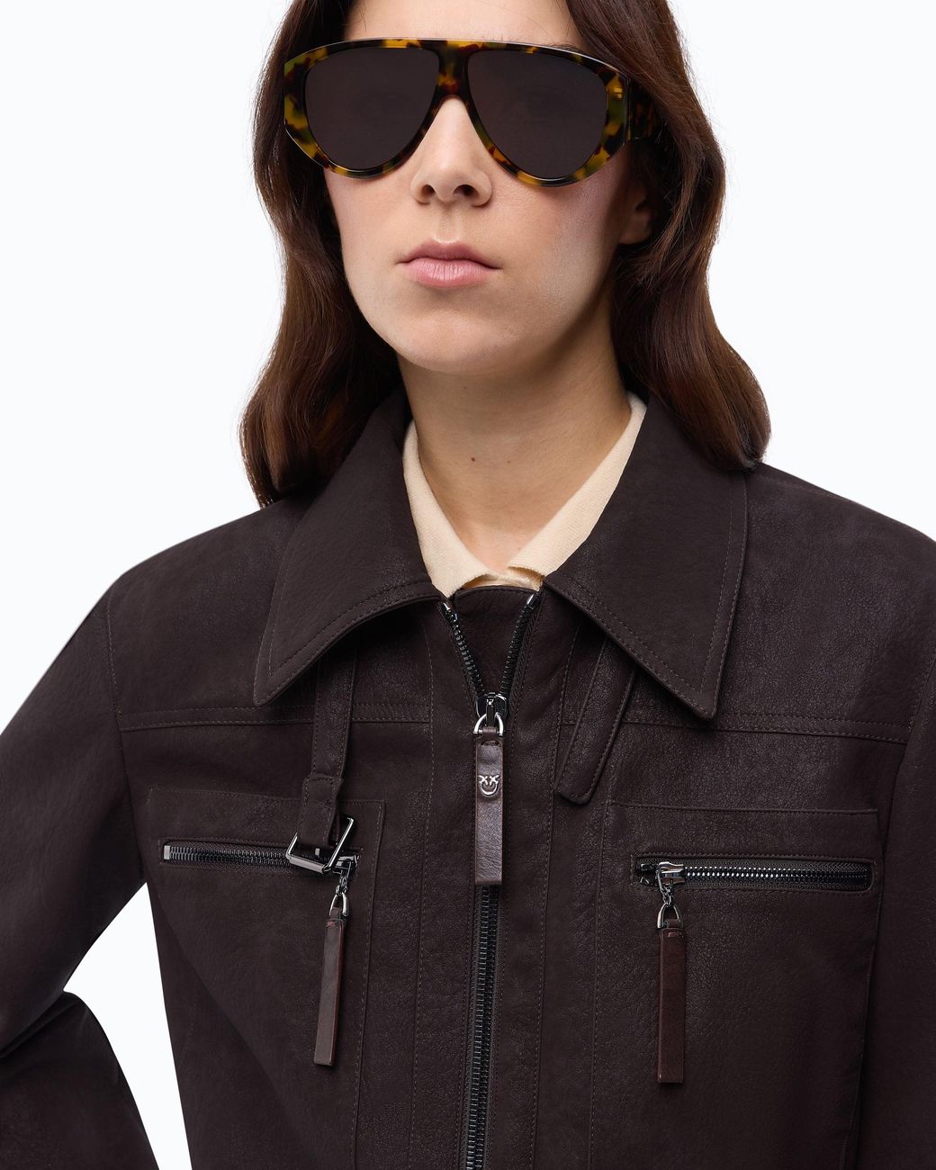 Pinko Black Cropped Nubuck Leather-Effect Jacket