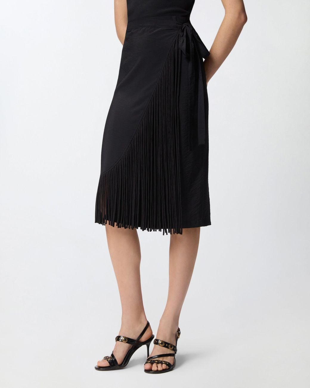 Pinko Black Calf-Length Wrap Skirt With Fringing