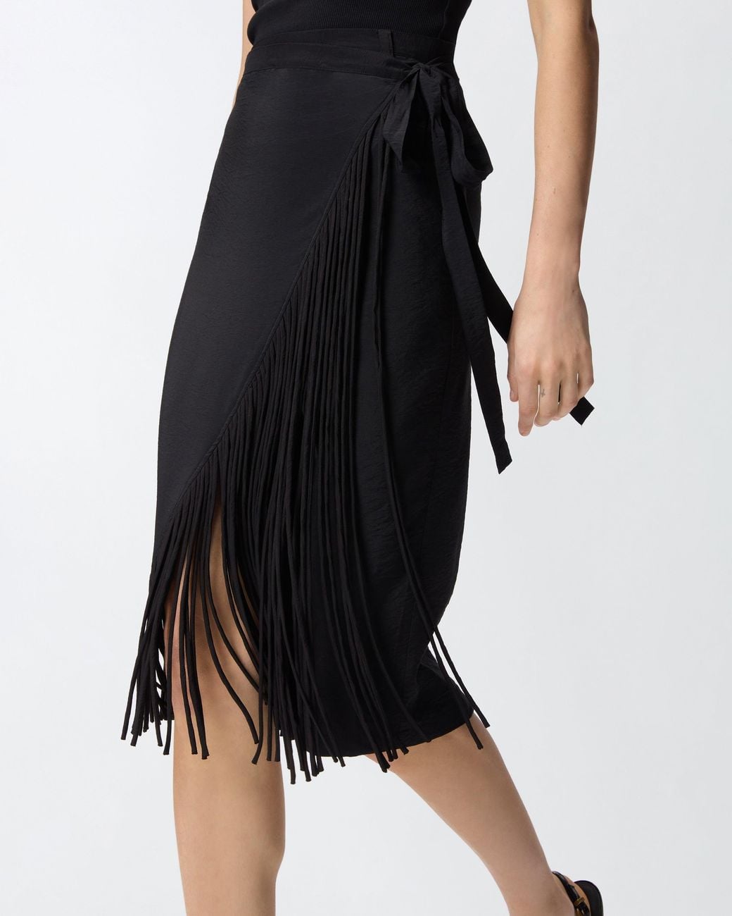 Pinko Black Calf-Length Wrap Skirt With Fringing