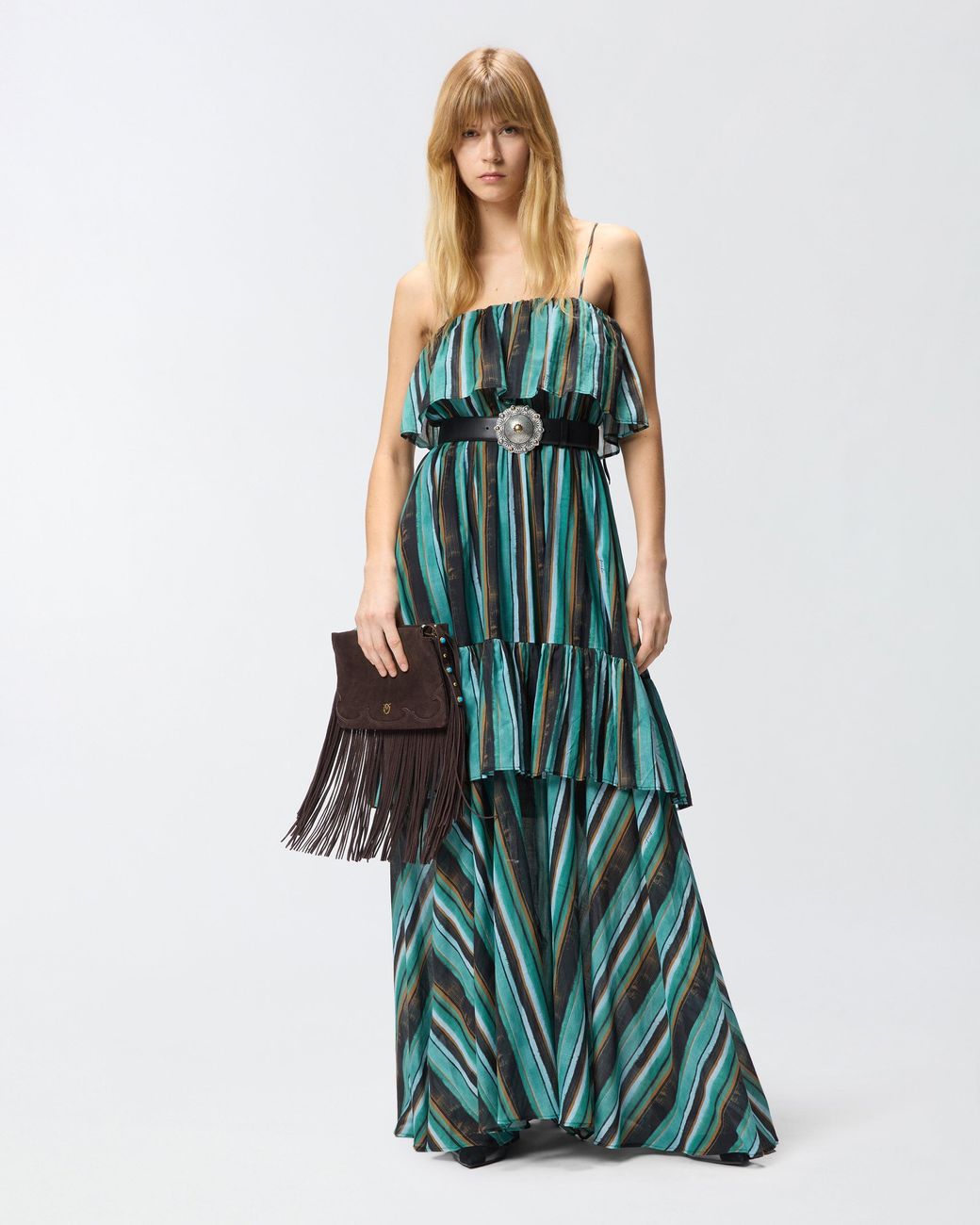 Pinko Green Long Muslin Dress With Brushed Striped Print