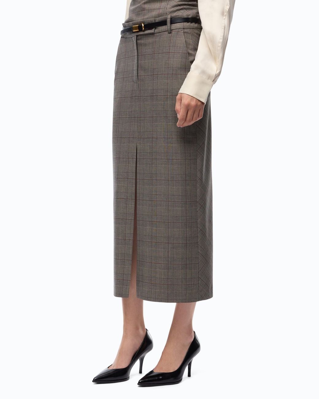 Pinko Gray Check Wool Calf-Length Skirt