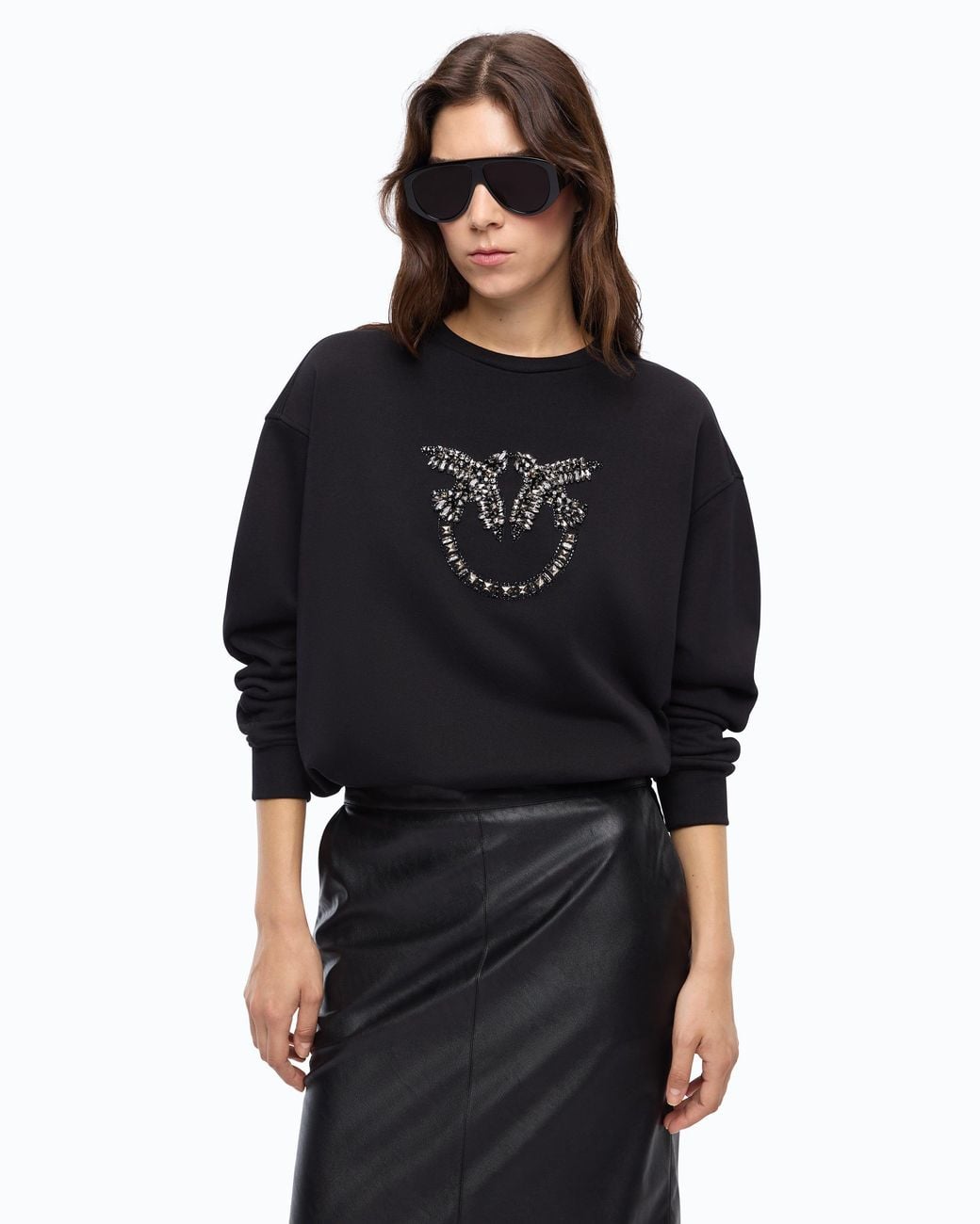 Pinko Black Sweatshirt With Bejewelled Love Birds Logo