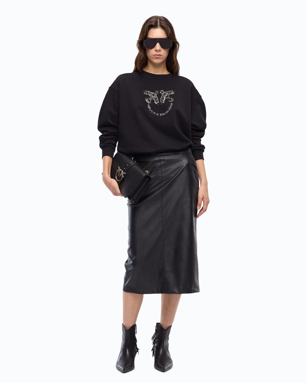 Pinko Black Sweatshirt With Bejewelled Love Birds Logo
