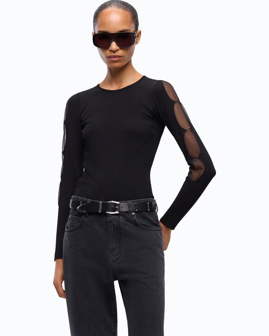 Pinko Black Lightweight Ribbed Sweater With Sheer Details