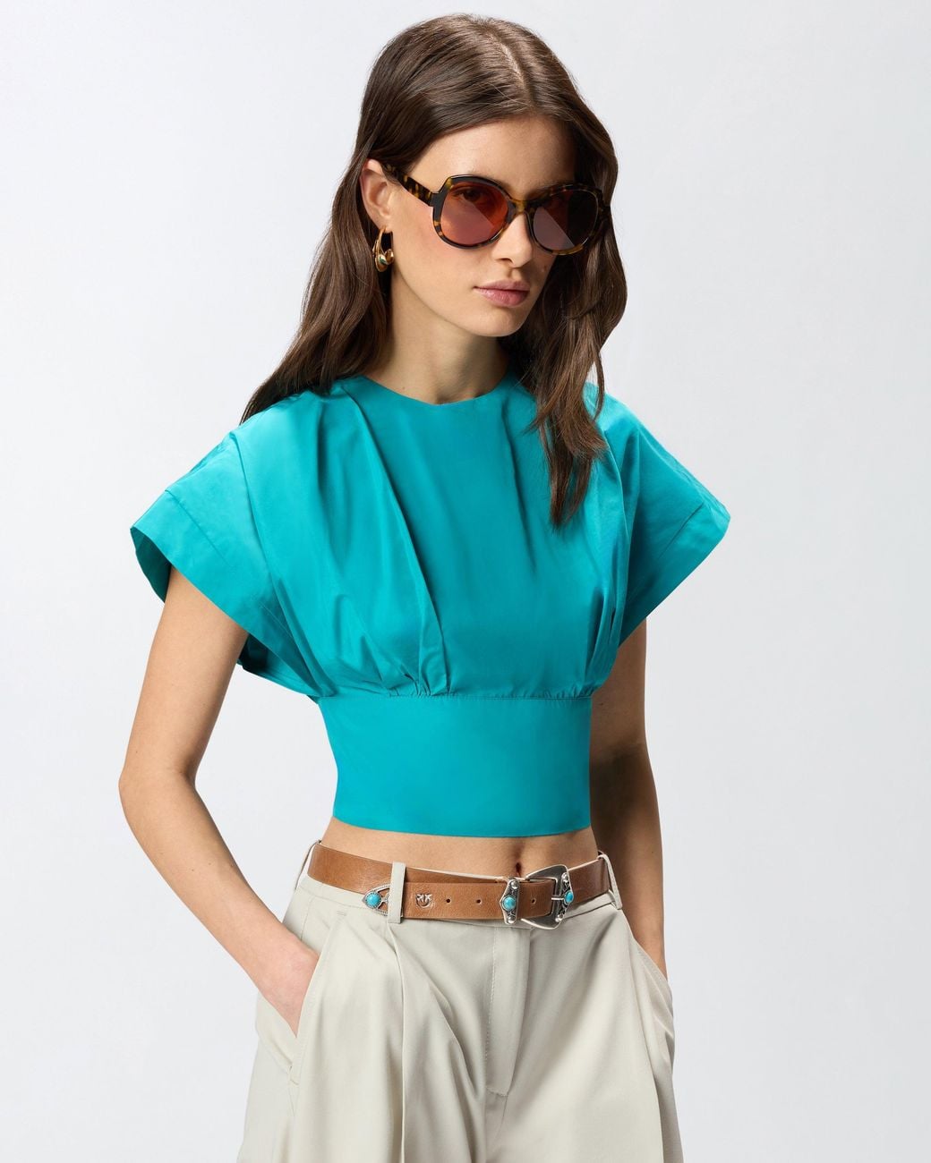 Pinko Blue Crop Top With Wide Sleeves