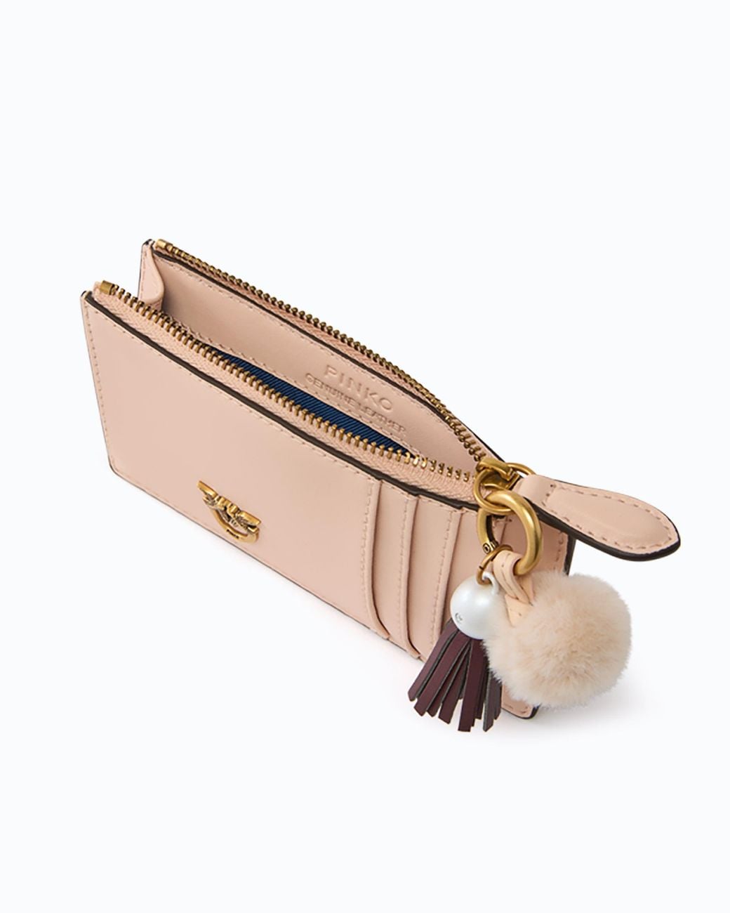 Pinko White Leather Card Holder With Tassel And Pompom
